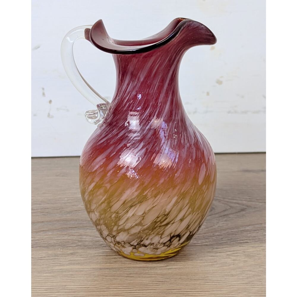 Murano Style Art Glass Pitcher Creamer 5" Cranberry Amber Spatter Hand Blown - Picture 3 of 10